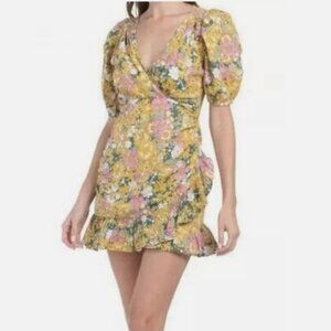 Anthropologie RAHI Petra Retro Floral Faux Wrap Puff Sleeve Sun Dress size L